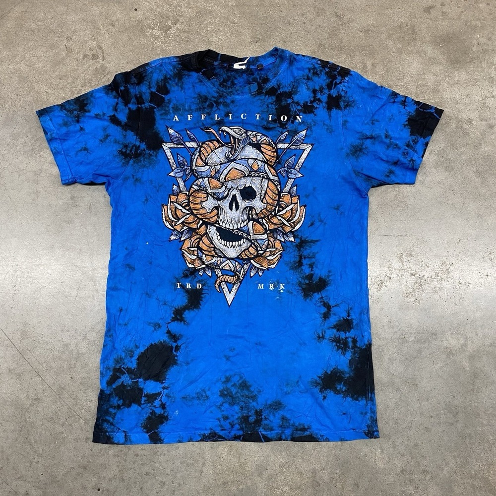 Affliction Style Skull Snake Graphic Tie Dye T Shirt Blue Black Mens Small